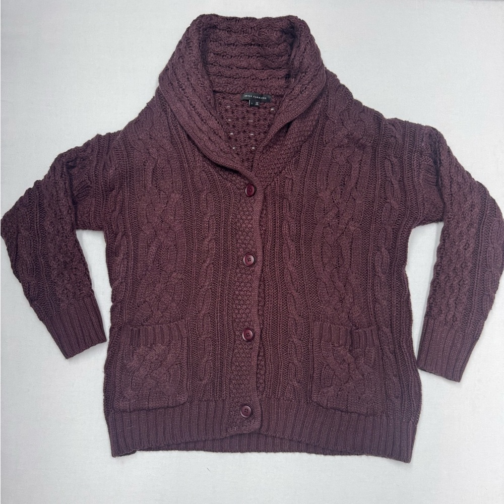 Skull Cashmere Cowl Neck Cable Knit Cardigan, Size Large